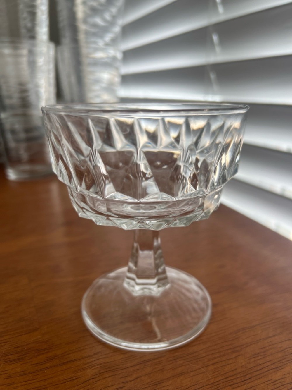 Elegant Short Vintage Clear Diamond-Cut Glass Dessert Coupe